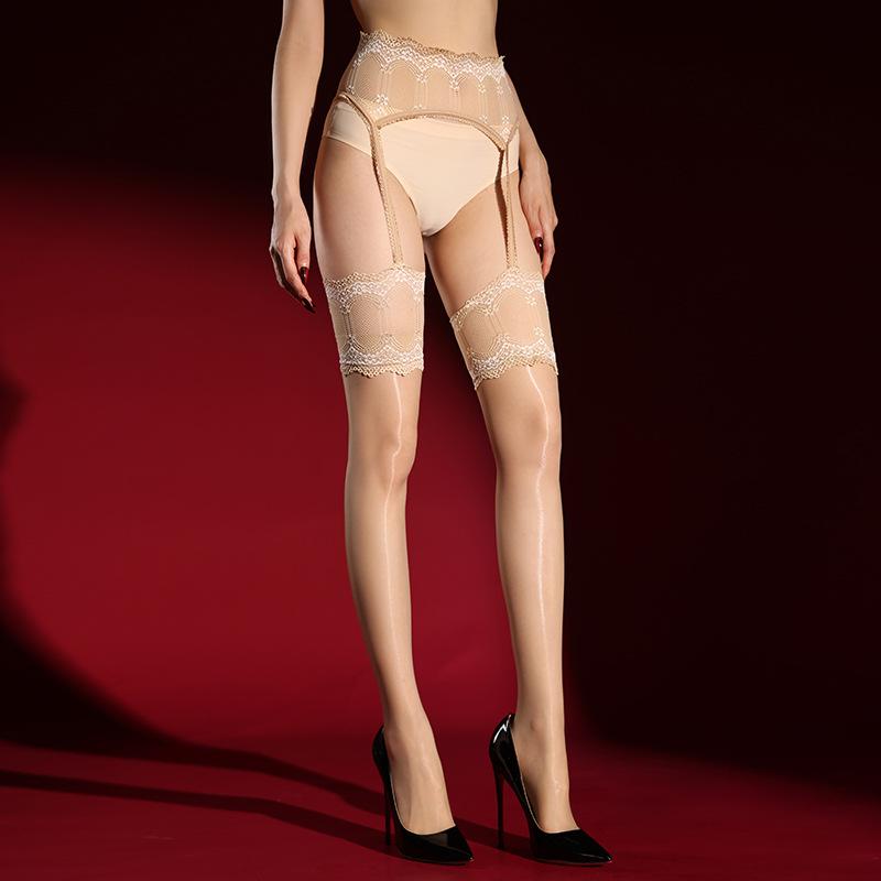 Wide-Strap Garter Stockings With Lace And Glossy Finish, Sexy Retro Aurora Silky High-Tube Over-The-Knee Stockings