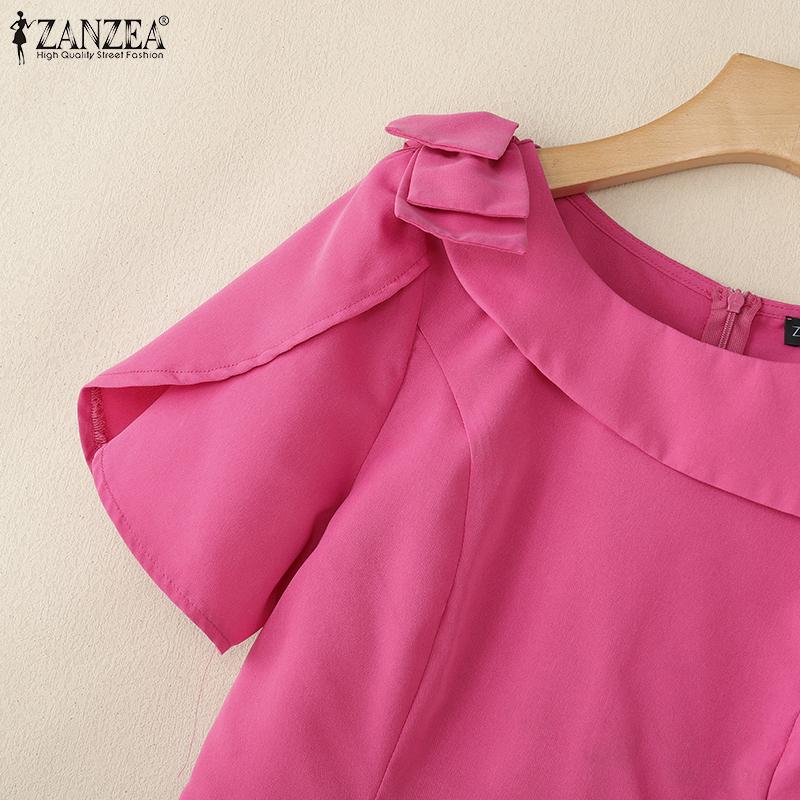 ZANZEA Damen Casual O-Ausschnitt Kurzarm Bluse mit Reißverschluss hinten
