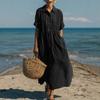 European and American New Women's Long Dress Casual Loose Lapel Button Pleated Short Sleeve Cotton and Linen Dress Women