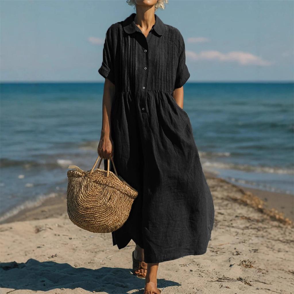 European and American New Women's Long Dress Casual Loose Lapel Button Pleated Short Sleeve Cotton and Linen Dress Women