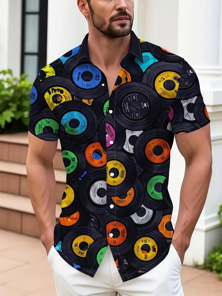 Retro Men's Printed Shirts Optical Disc Pattern Casual Shirt Oversized Top Beach Short Sleeved Hawaiian Style Shirts Men Clothes