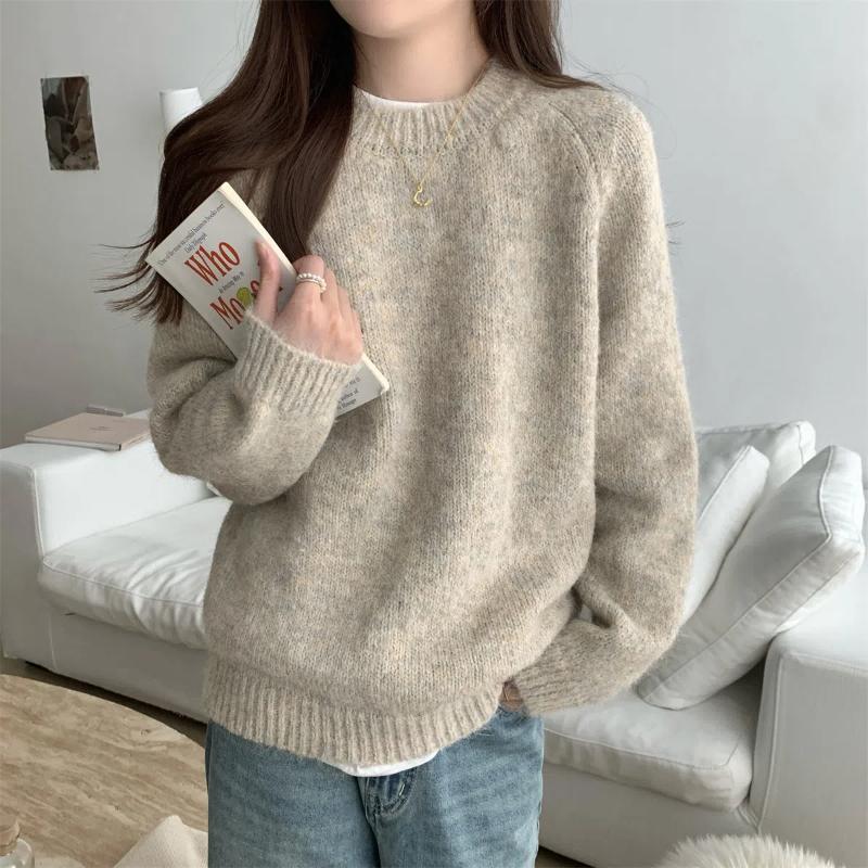 Autumn Winter Simplicity Casual  Women Sweater Lazy Wind Solid O-Neck Loose Long Sleeve Pullovers Knitted Tops