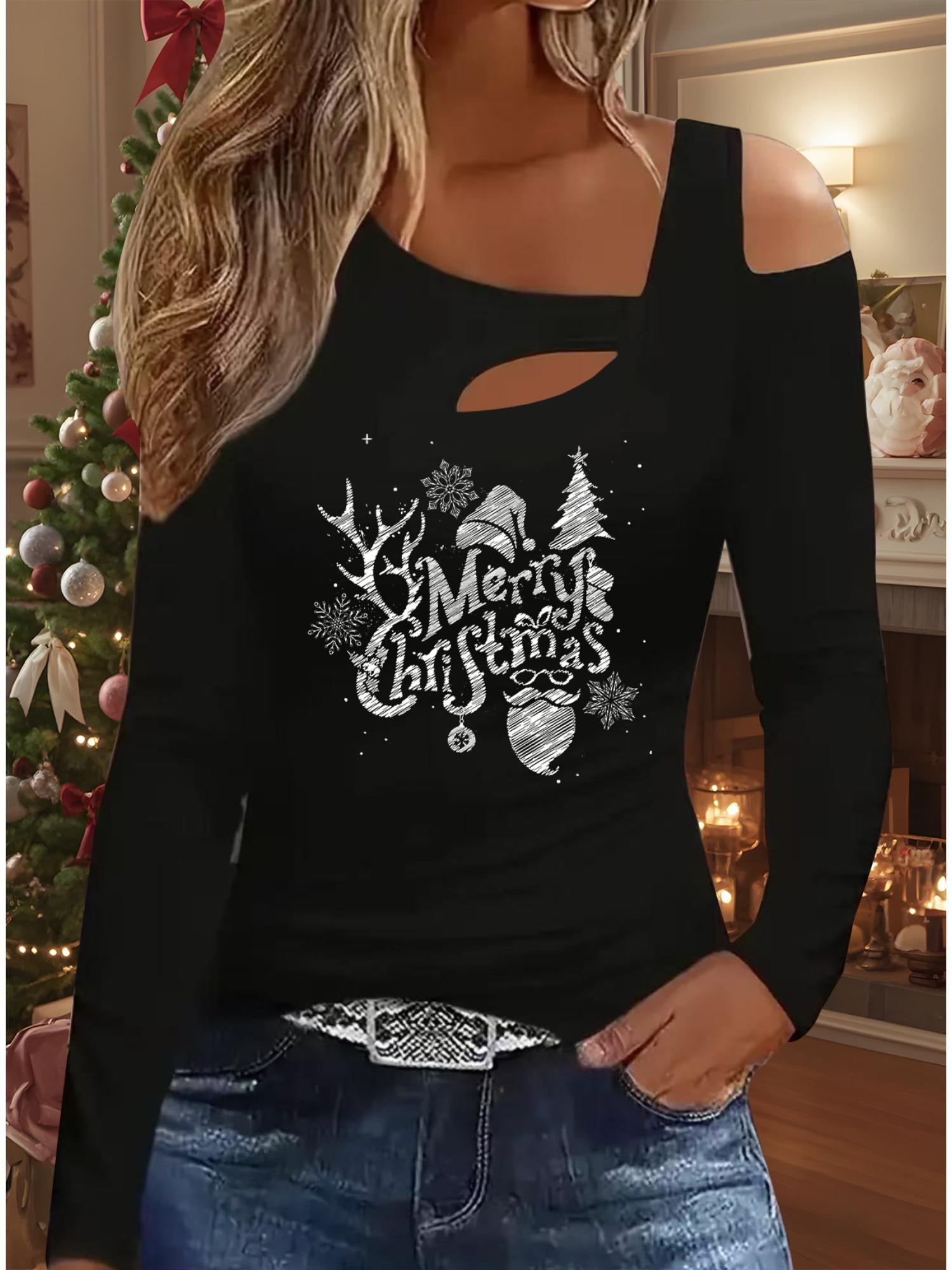 

Осень и Зима Женский Новый Повседневный Топ с Длинным Рукавом Рождественский Узор Идеальный Подарок на Хэллоуин Рождество Футболка S