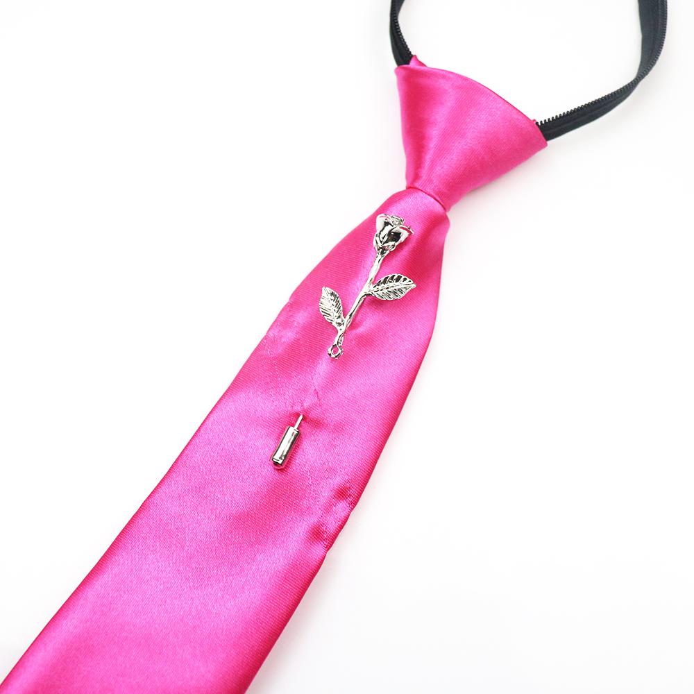 

New Luxury 38cm Length Lazy-tie For Men Women Black Red Neckties With Flower Crown Brooches Chain Pins Clip Ties Wedding Cravat Яскраво-рожевий