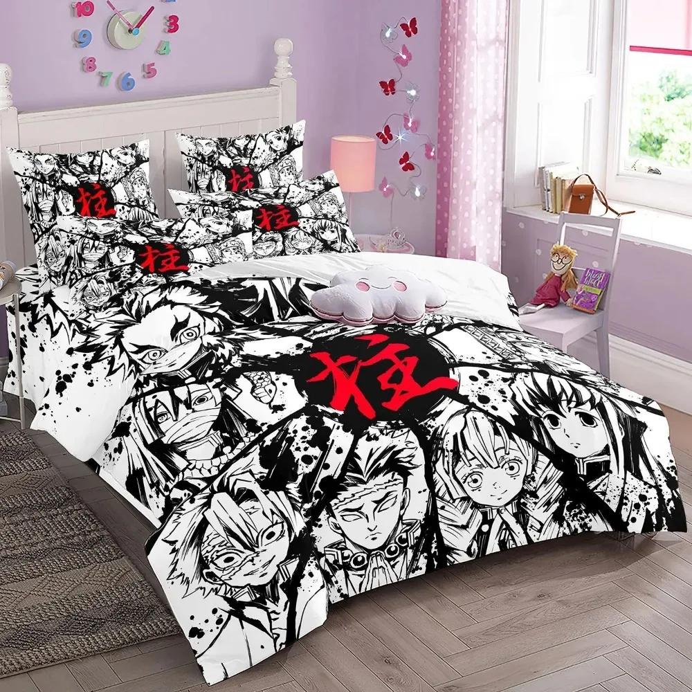 Anime Demon Slayer Comforter Sets, 3D Bedding Set, Duvet Cover Pillowcase with Zipper 140x200cm, Gift for Boys and Girls.