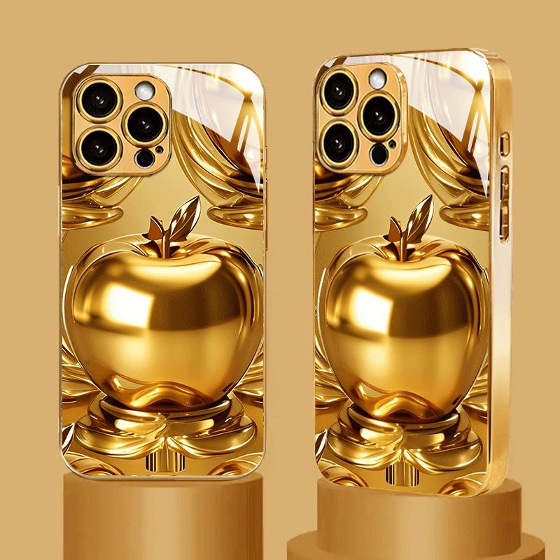 Doré Pour Motif Pomme Peinture Métallique Dorée Étui en Verre Pour Téléphone Pour iPhone 17 16 15 14 13 12 11 Pro Max 15 14 Plus 17Air 16E Housse