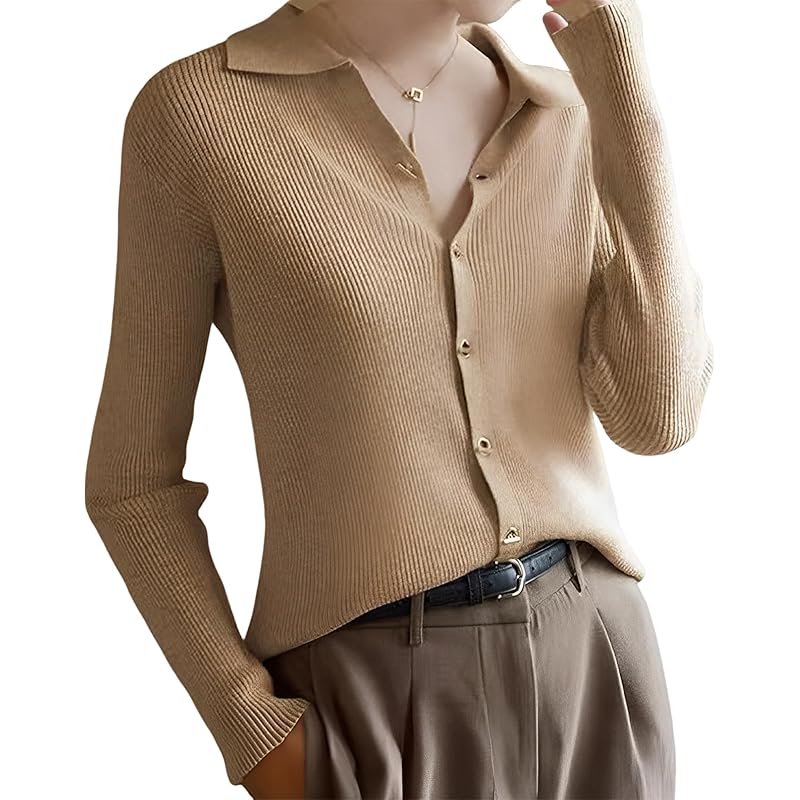 

[Luxe Relax] skipper cardigan ladies rib knit snap decorative buttons Beautiful Plain color Thin simple beige 5S-L05-BEM
