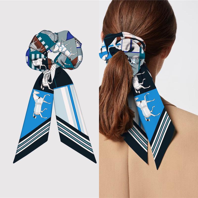 Girl Hair Silk Scarf Lady Elastic Scrunchies Ties Band Accessories Luxury Design Horse Print Ponytail Hairstyle Hairbands Ribbon