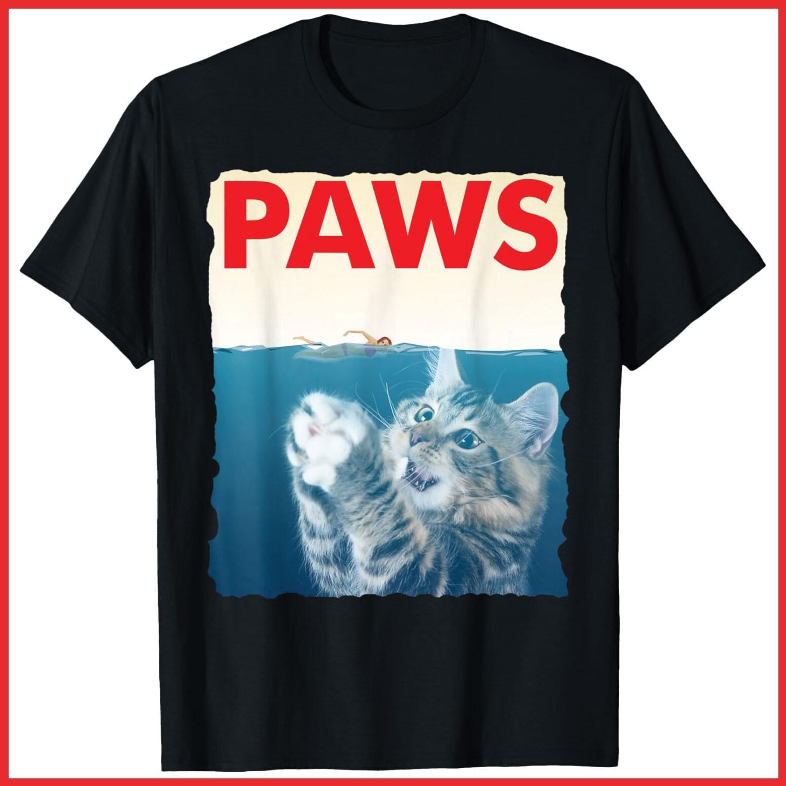 Paws Funny Cat Parody Shark Kitten Black Cotton T-Shirt S-5XL XXL