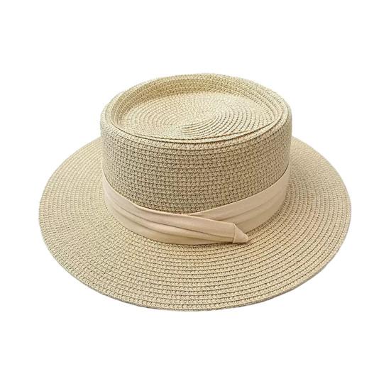 Flat Straw Hat Natural Straw Weaving Wide Brim Sun Hat Summer Beach Sun Protection Hat with Ribbon Bow