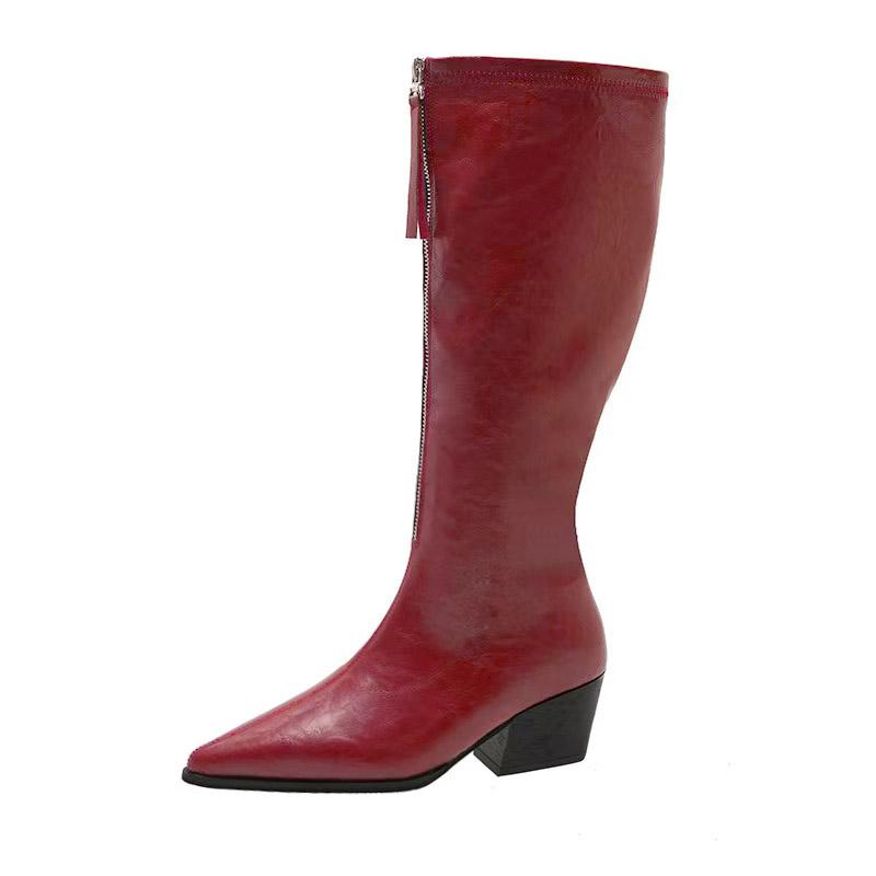 Winter New Thick Heel Cotton Boots Women'S Fashion Pointed Front Zipper Anti-Slip Wear-Resistant High Boots