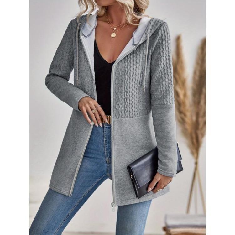Hoodie Womens Casual Fall Winter Fashion Textured Long Sleeve Drawstring Jacket Sweatshirt Clothing Zipper S серый 2240₽