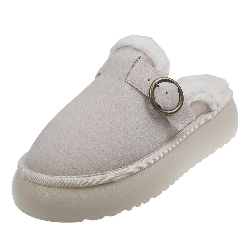 Autumn and Winter New Muffin Thick-soled Bag Head Half-drag Fluffy Shoes Women's Fashion Belt Buckle Outer Wear Cotton Slippers
