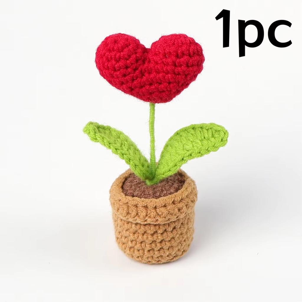 Handmade Knitted Flower Pot Red Heart Shaped Knit Imitation Potted Plant Valentine's Day Mother‘s Day Wedding Gift