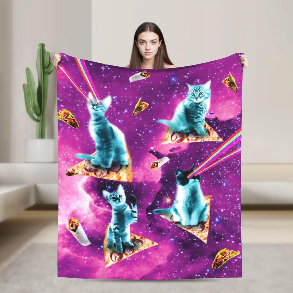 Pizza Cat Space Galaxy Flying Knitted Blanket Funny Wool Throw Blanket Home Couch Decoration Thin Bedspread Portable