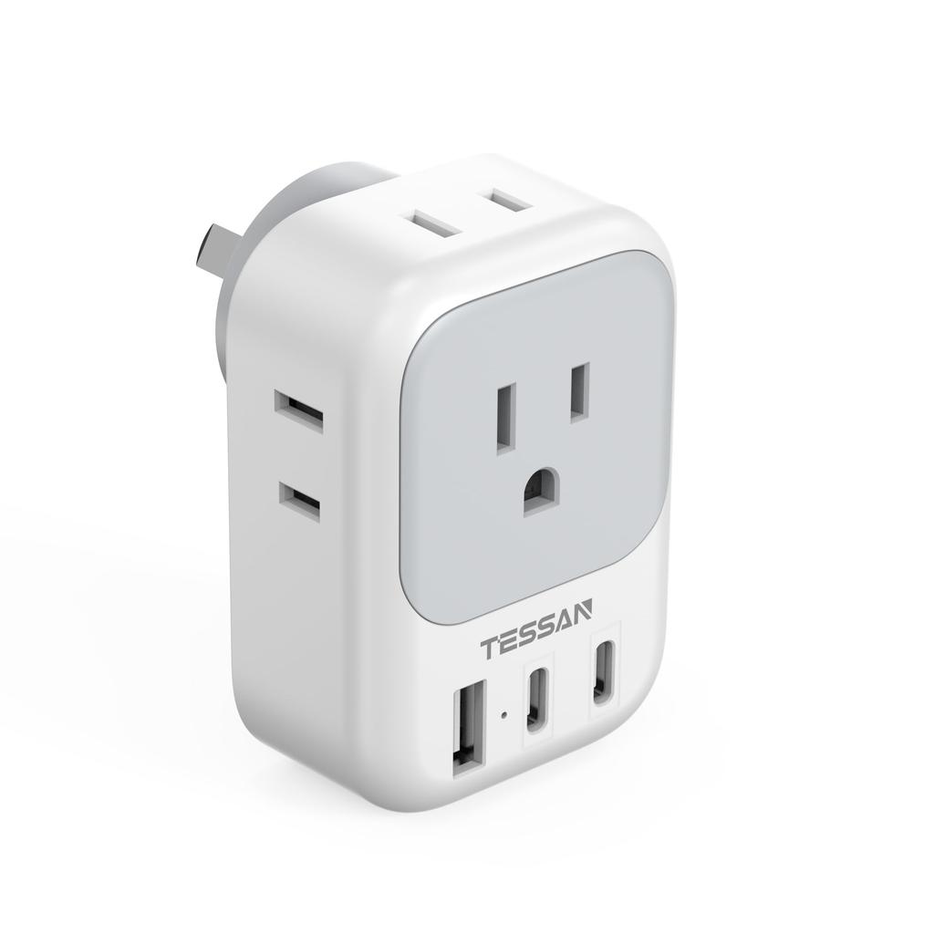 TESSAN Australia 4 AC 2 and 1 Convenient Outlet Converter Plug for International Compatible with New and More Adapter, Outlets, USB-C USB-A Ports,