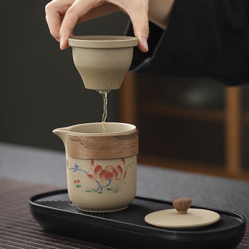 Zhishi Rustic Ceramic Travel Tea Set - Lotus Rhyme