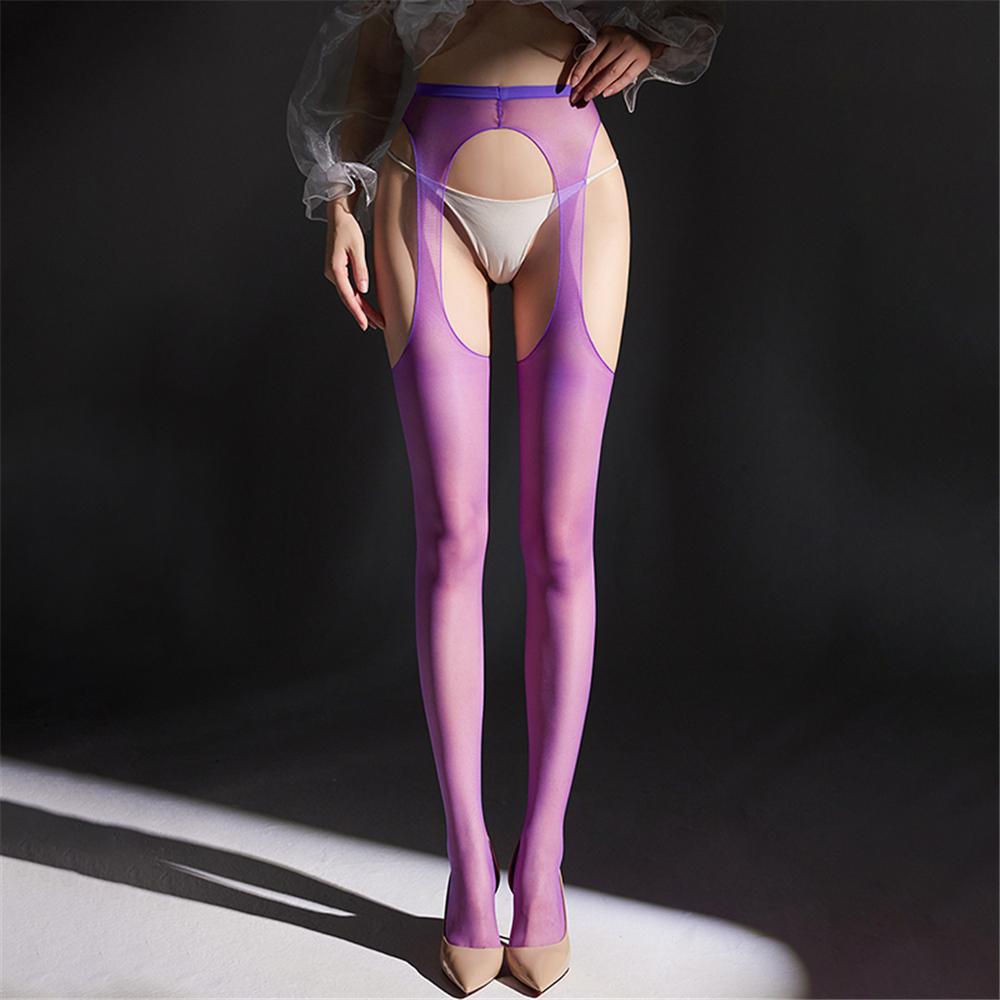 Sexy Women Open Crotch Hollow Out Pantyhose 512Pin Oil Glossy Shiny Sexy Tights Thin Sheer See Through Maid Dance Stocking