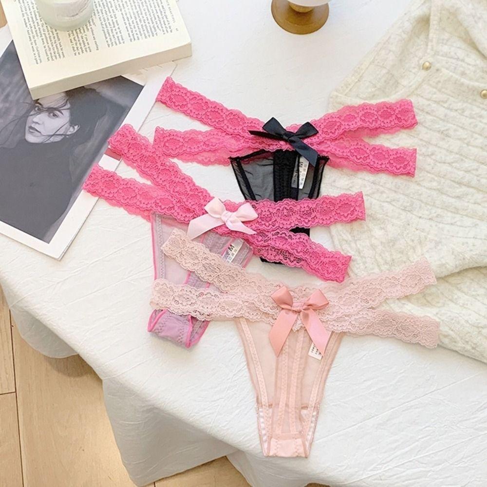Cotton Crotch Lace Strap Panties Low Waist See Through Briefs Fashion Lace Mesh Thongs  Daily