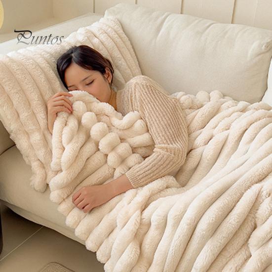 Plush Winter Throw Blanket Faux Rabbit Fur Cozy Fluffy Bubble Soft Warm Thick Furry for Couch Bed Living Room with Stitching