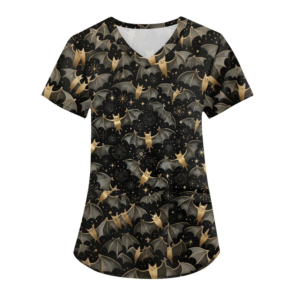 Women's Printing Uniform Work Uniform V-neck Pockets Basic Short Sleeve Pullover Top