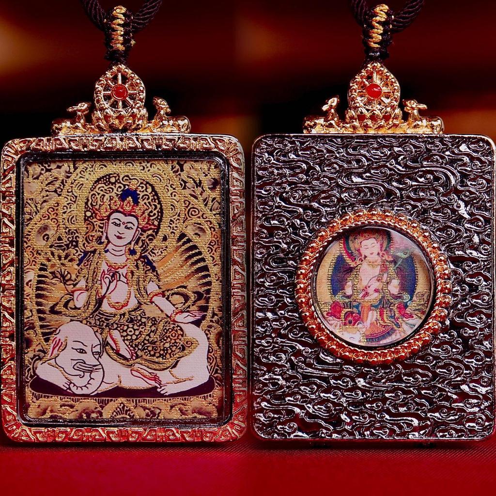 Qinghai Thangka Pendant: Eight Protectors Series, Semi-Hand-Painted Double-Sided Amulet with Guardian Deity.