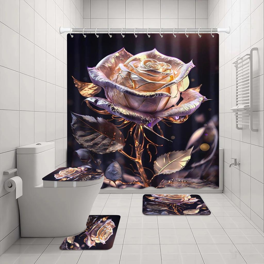 Rose Shower Curtain Love Couple Bath 4 Pcs Set Cute Cartoon Luxury Accessories Sets Full Mats Gifts for Boys Girls