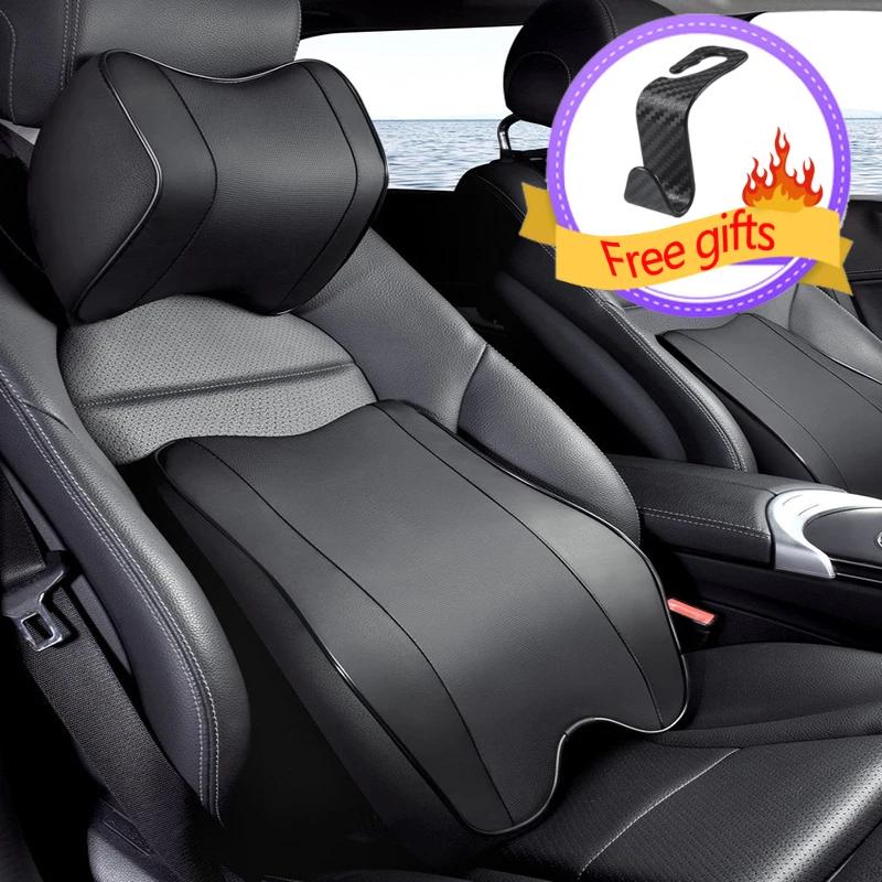 PU Leather Headrest Pillow Universal Car Neck Rest Head Support Cushion Set Breathable with Memory Foam Lumbar Pillow with Guard