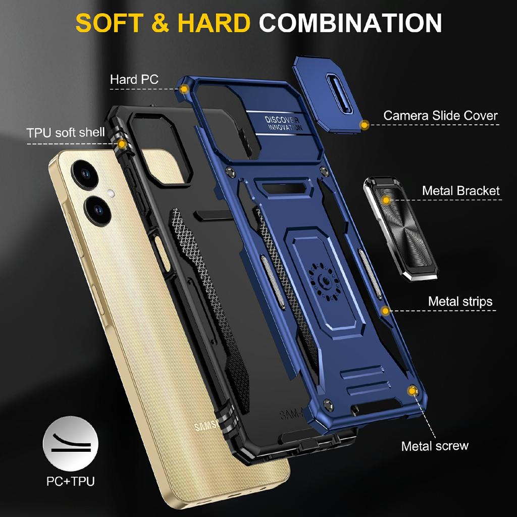 For Samsung Galaxy A06 4G Case Kickstand Slide Lens Lid PC+TPU Drop-Proof Phone Cover