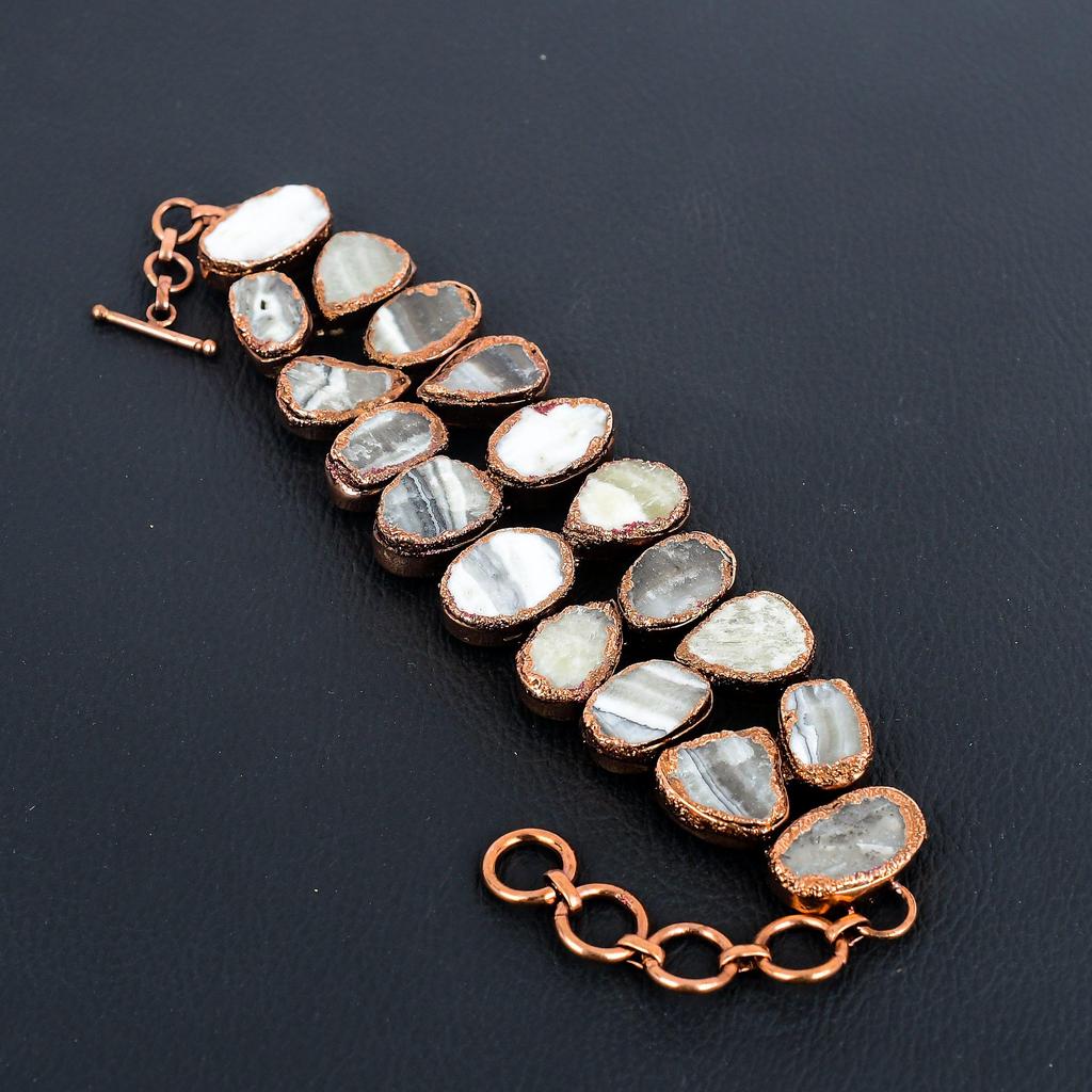 Yellow Lace Agate Bracelet Gemstone Jewelry, Copper Electroformed Adjustable Chain Bracelet, Gift For Women Handmade Bracelet