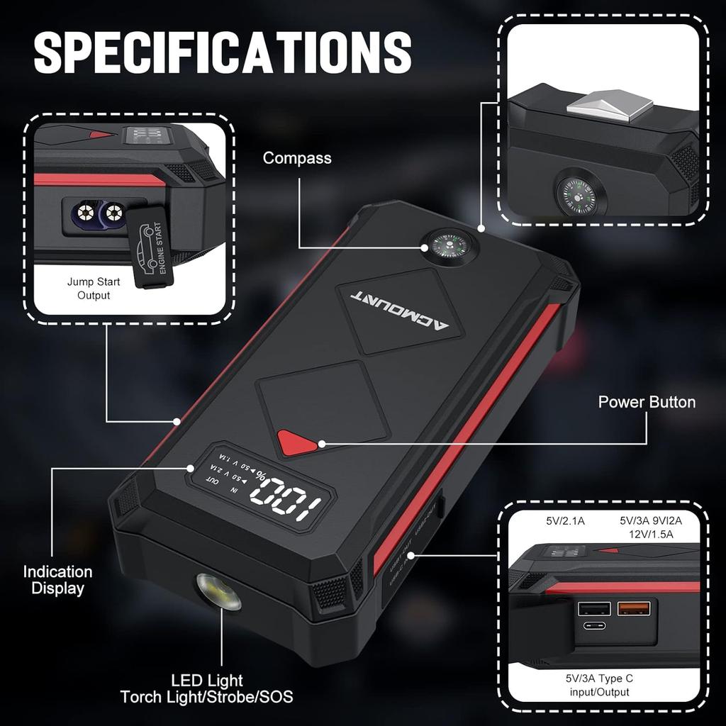 P100 Car Jump Starter 5000A Peak, 12V Portable Battery Pack for 10L Gas/8L Diesel, LED Screen & Light