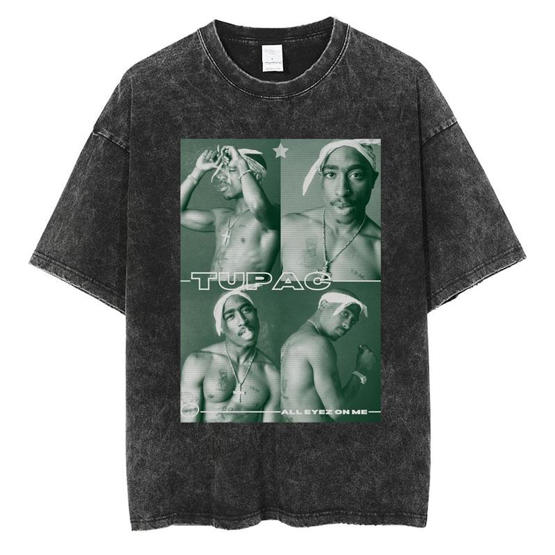 Rapper Tupac 2pac All Eyez On Me Cross Vintage Washed T Shirt Men Hip Hop Fashion Retro Tshirt Mens Casual Oversized Tshirts