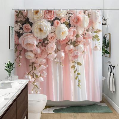 1 stuks Romantisch Roze Pioenrozen Bloemen Douchegordijn - Elegant Dromerig Ontwerp met Zachte Pastelkleurige Achtergrond, Premium Polyester Stof