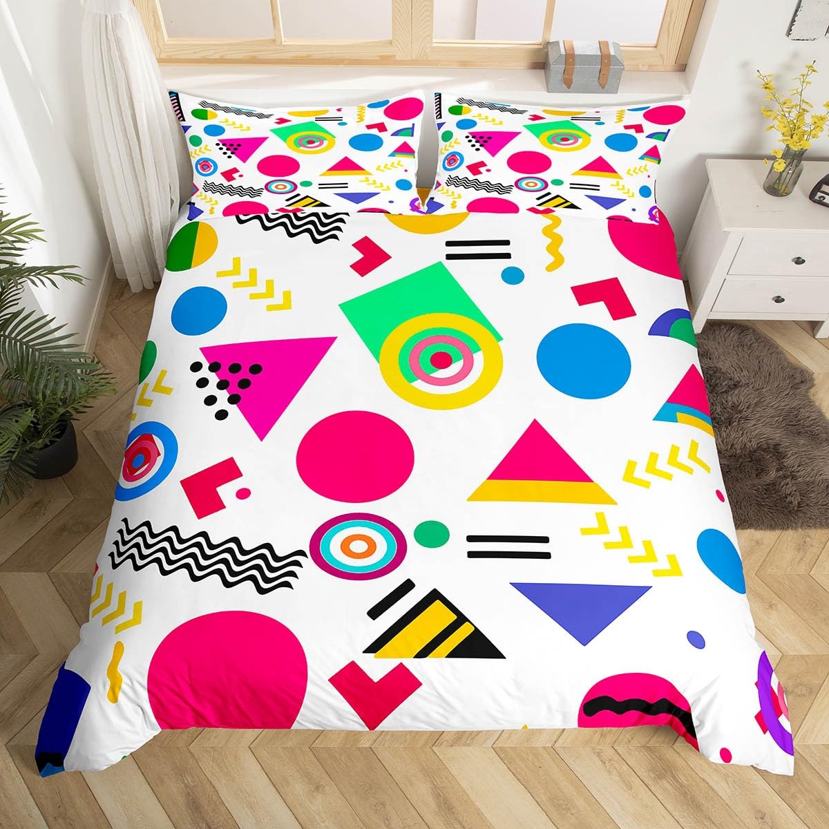 

Memphis Geometric Duvet Cover Twin King,Retro Style Round Triangle Shapes Quilt Cover Colorful Graphic 80s 90S Style Bedding Set EU Double(200x200cm)