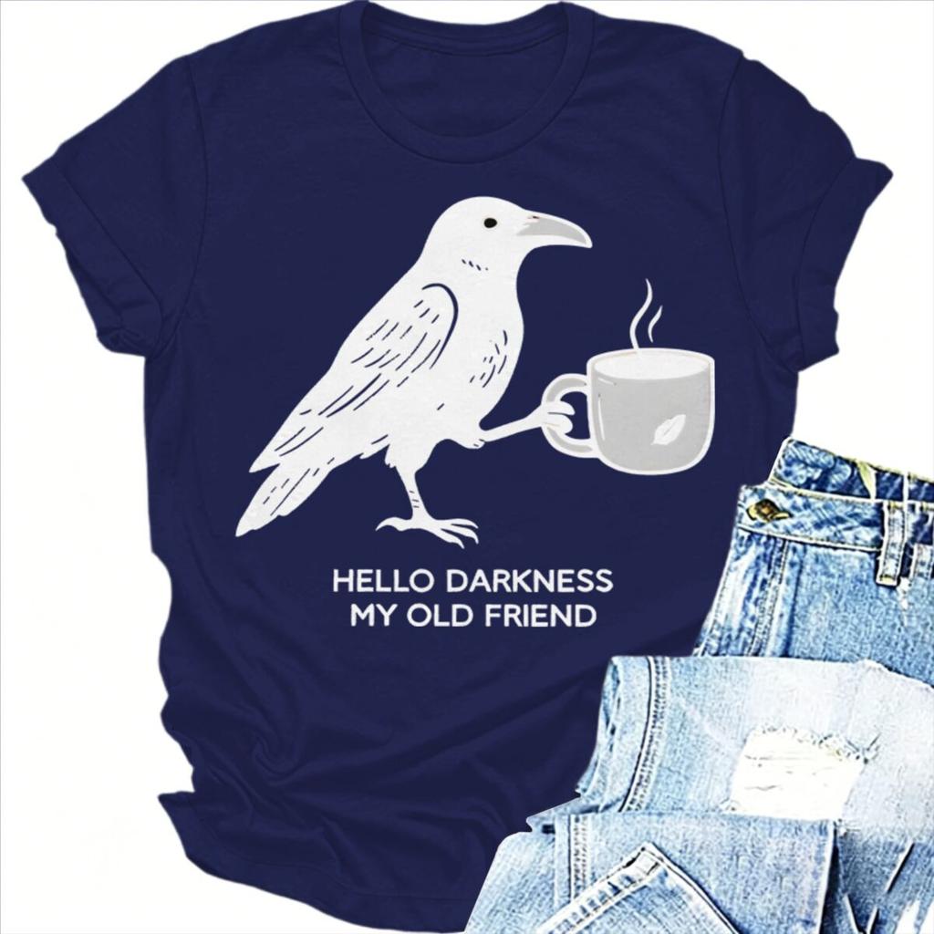 Hallo Dunkelheit Mein Alter Freund Krähe Rabe Kaffee Dunkler Humor Gothic Grafik T-Shirt Kurzarm Unisex Unisex T-Shirts