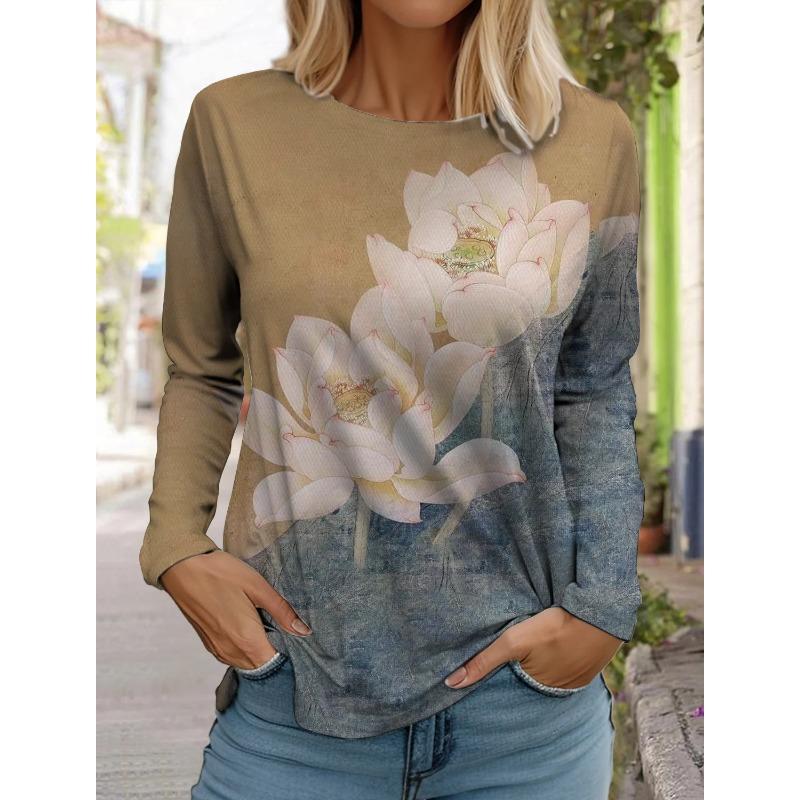 Women's Fashion Retro Tops Long Sleeve Round Neck Pullover Casual Long Sleeve T-shirt 3d Printed Lotus Print T-shirt