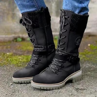 High Quality Winter Warm Boots Women Winter Side Pull Lace-Up Knitted Mid-calf Boots Low Heel Round Toe Boots Women
