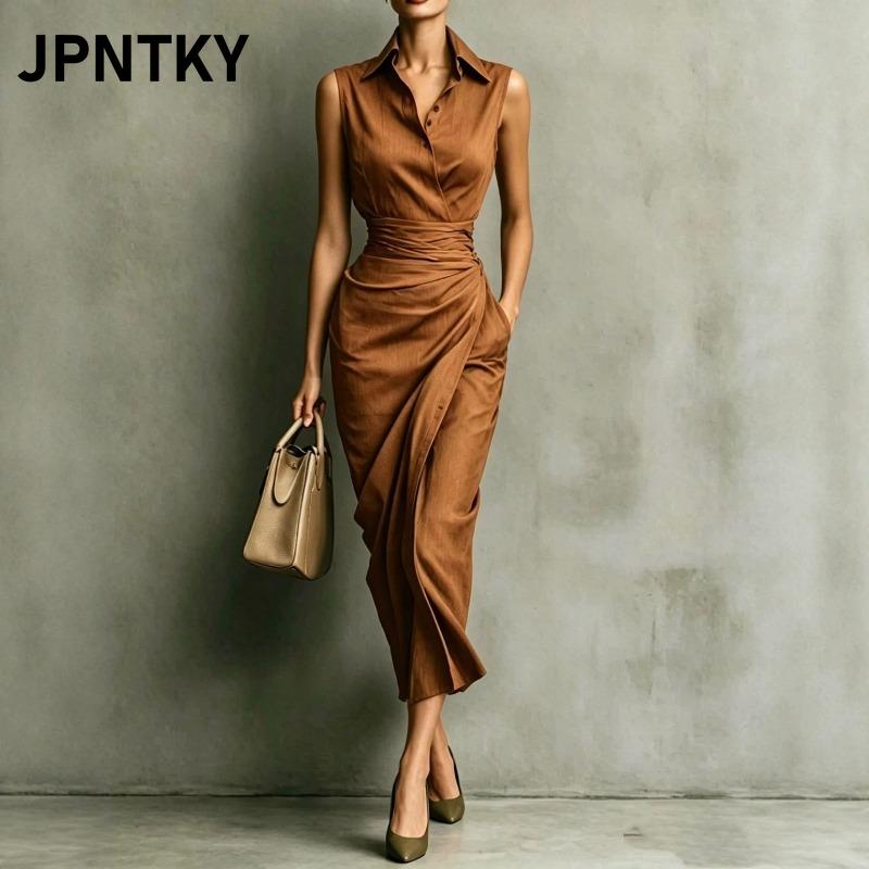 JPNTKY Women's Sleeveless Shirt Collar Fashion Summer Spring Casual Dresses