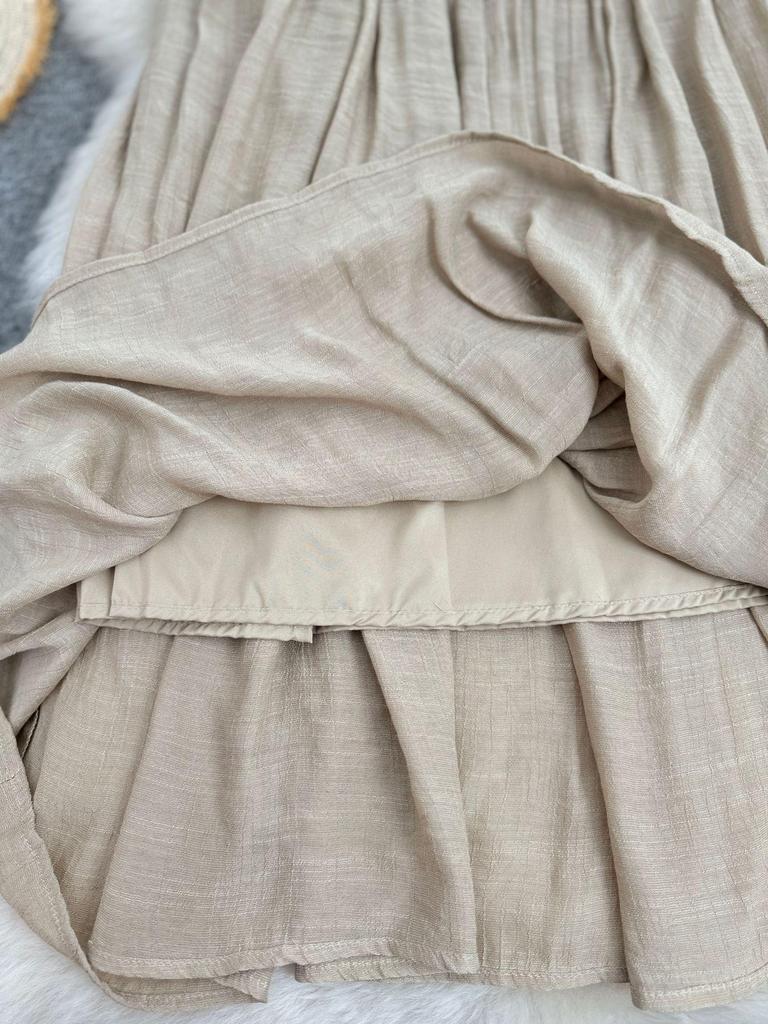 European & American A-line Pleated Cotton Linen Skirt with Elastic Waist - Mid-Length, Versatile, Women's
