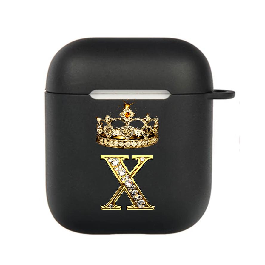 Diamond Crown Letter 26 With Hook Case For AirPods 2 3 1 Cases For Apple AirPods Pro 2 Coque Black TPU Soft Earphone Cover