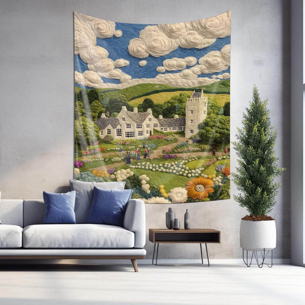 Pastoral Landscape Embroidery Tapestry Idyllic Countryside Scene Wall Decoration Hanging Fabric