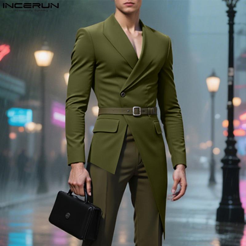 INCERUN Men V Collar Long Sleeve Splits Irregular One Buttons Front Cross Thin Tops Blazer