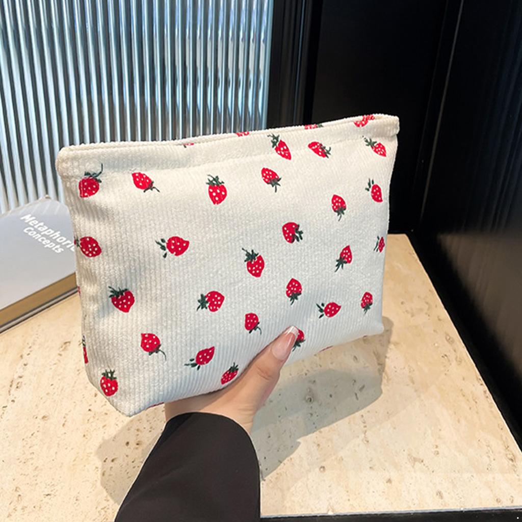 Strawberry Printed Corduroy Cosmetic Bag, Fashionable Toiletry Pouch for Women Travel, Gym, Vacation Organizer with Secure Zipper