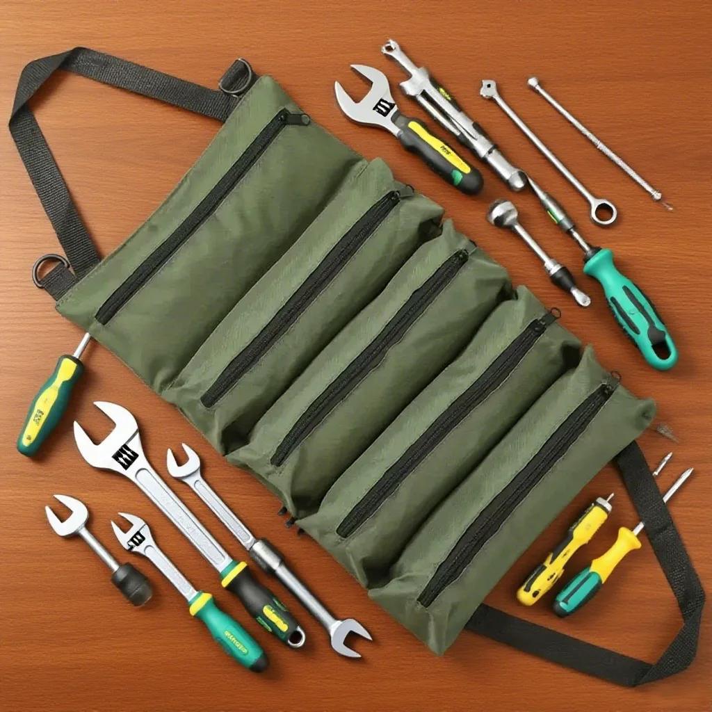 Heavy-Duty Roll-Up Tool Bag - Oxford Fabric Multi-Tool Organizer All-in-One Garage Storage for Mechanics/Electricians/Carpenters