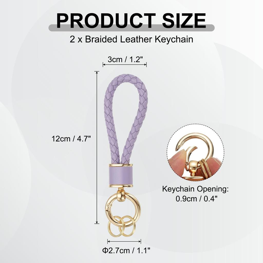 [uxcell] 2-Pack Braided Leather Keychains, 360-Degree Rotatable Braided Straps with Keychain Rings for Car Keys, Bags, and Wallets, GoldPurple