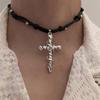 Personality Punk Sliver Color Vine Entwined Cross Pendant Black Leather Rope Necklace for Women Men Collar Chain Jewelry Gifts