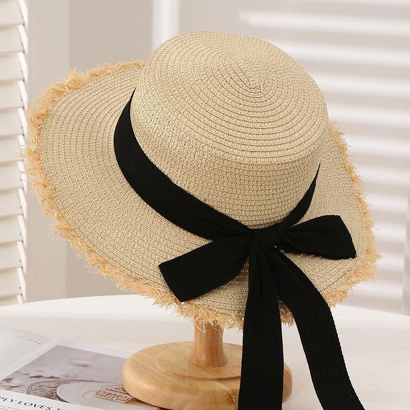 

Летний женский солнцезащитный козырек для пляжа, шляпа с плоским верхом, соломенная шляпа, рафия, лента, шляпа от солнца One Size