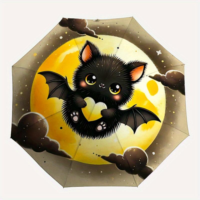 1pc Bat Cute Cartoon Design Automatic 3-Fold Cartoon Umbrella Design, Cute Cartoon Pattern, Portable Outdoor Umbrella, Perfect, Holiday Gift