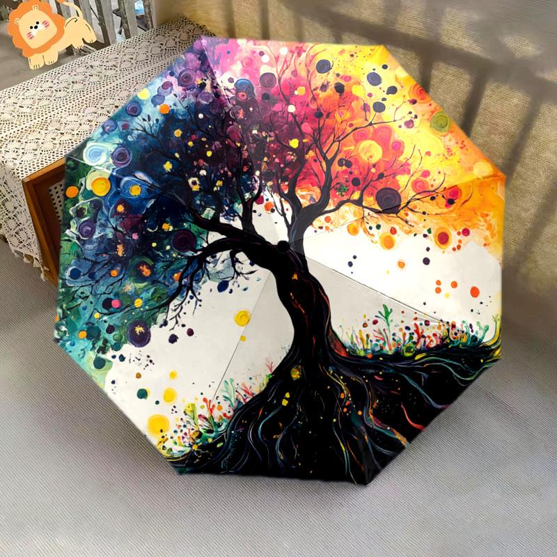 1 PC Automatic Folding Umbrella - Colorful Tree Pattern, Portable & Foldable Design with 8 Ribs, Christmas Birthday Gifts