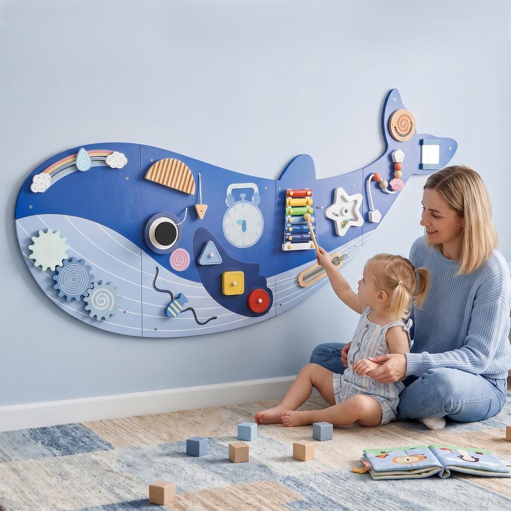 Aktivitní stěna s velrybou, Hračka na stěnu 13 v 1, Montessori inspirovaný senzorický panel do herny, školky, pro kluky i holky od 2 let, Modrá